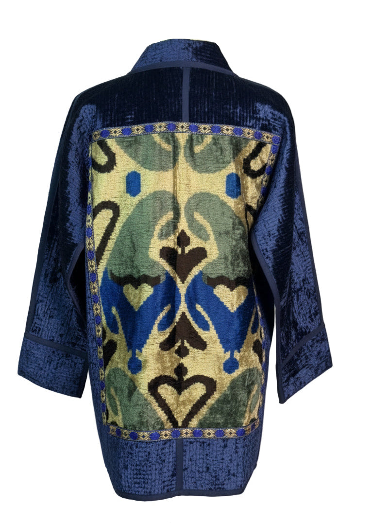 Silk Road Elegance: Electric Deep-Blue Chapan Ensemble