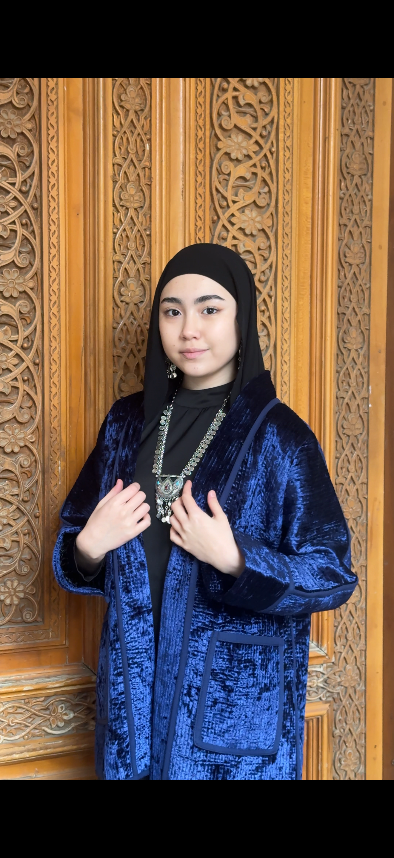 Silk Road Elegance: Electric Deep-Blue Chapan Ensemble