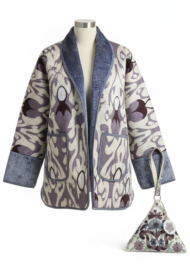 Reversible Two-Sided Jacket and Pyramid Clutch in Silk Road Style