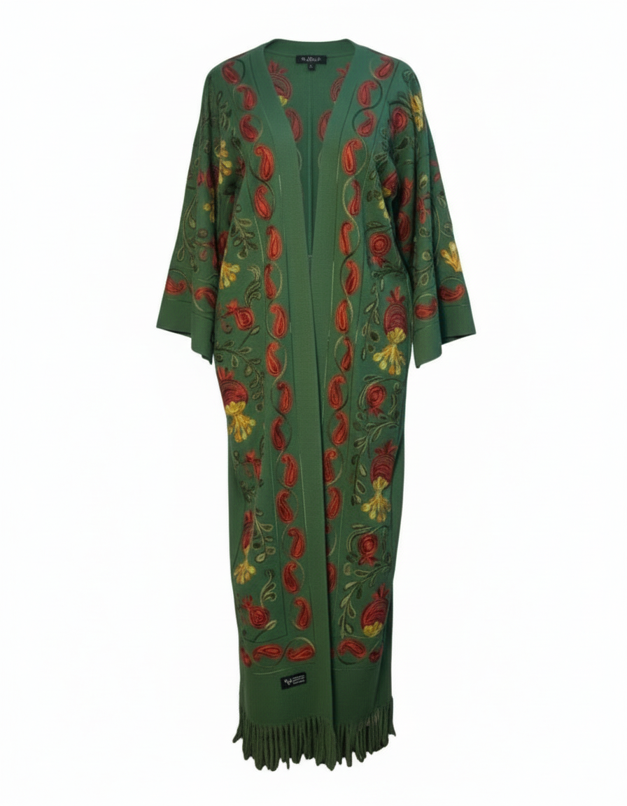 Suzani style Green Chapan - Outdoor Robe - Kimano