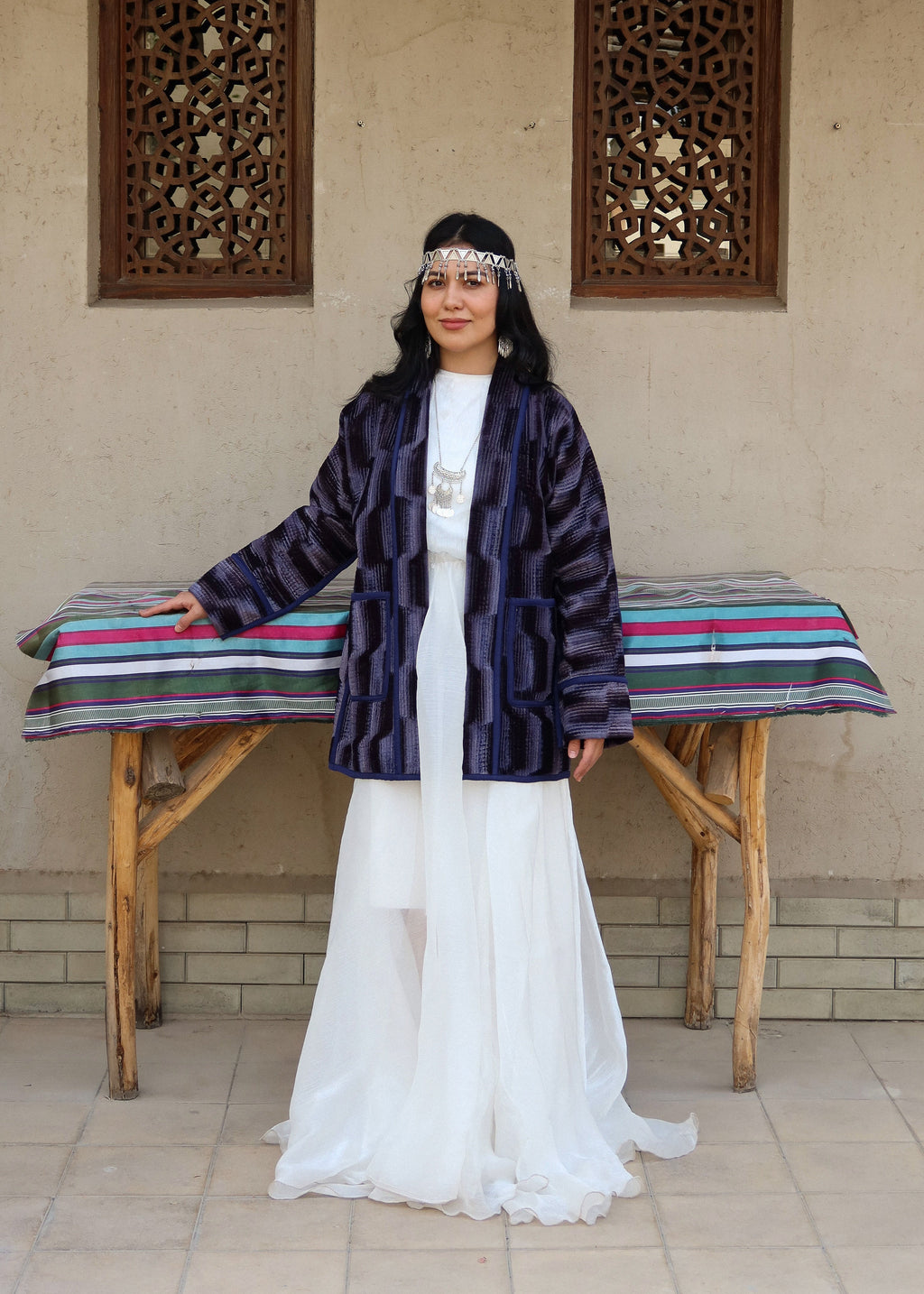 Silk Road Elegance: Emerald Indigo Jacket Ensemble