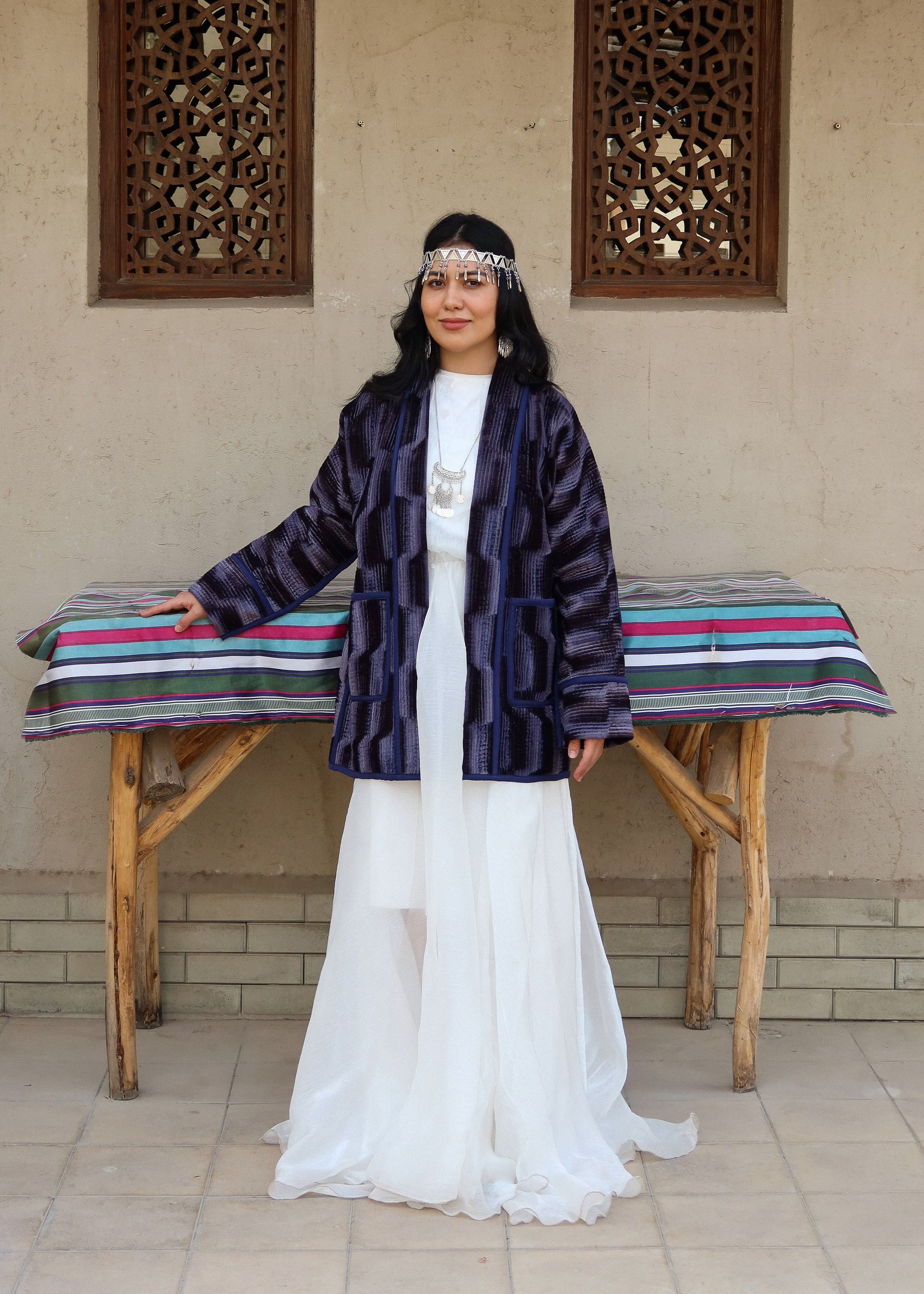 Silk Road Elegance: Emerald Indigo Jacket Ensemble