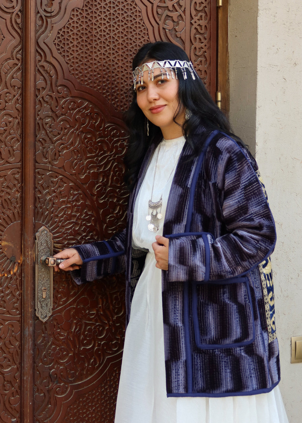 Silk Road Elegance: Emerald Indigo Jacket Ensemble