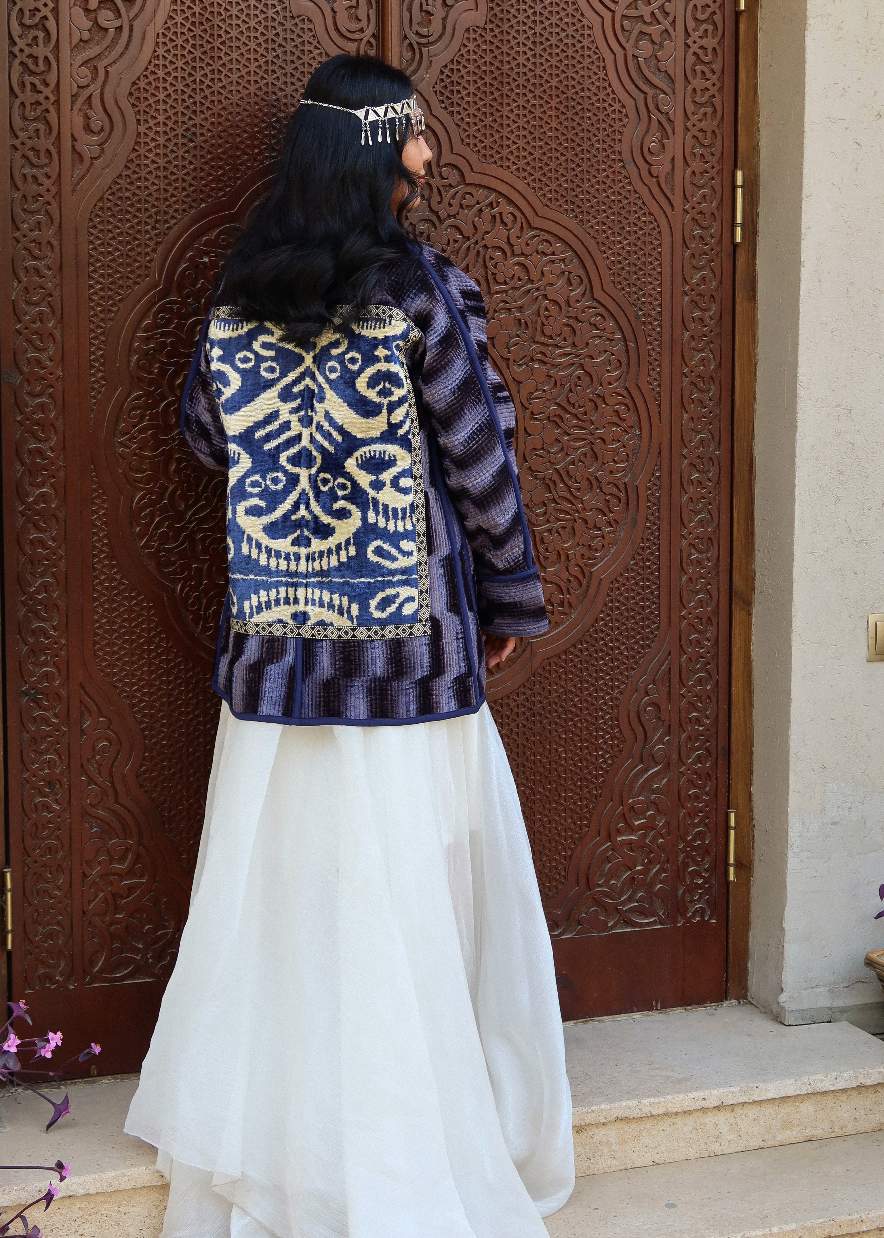 Silk Road Elegance: Emerald Indigo Jacket Ensemble