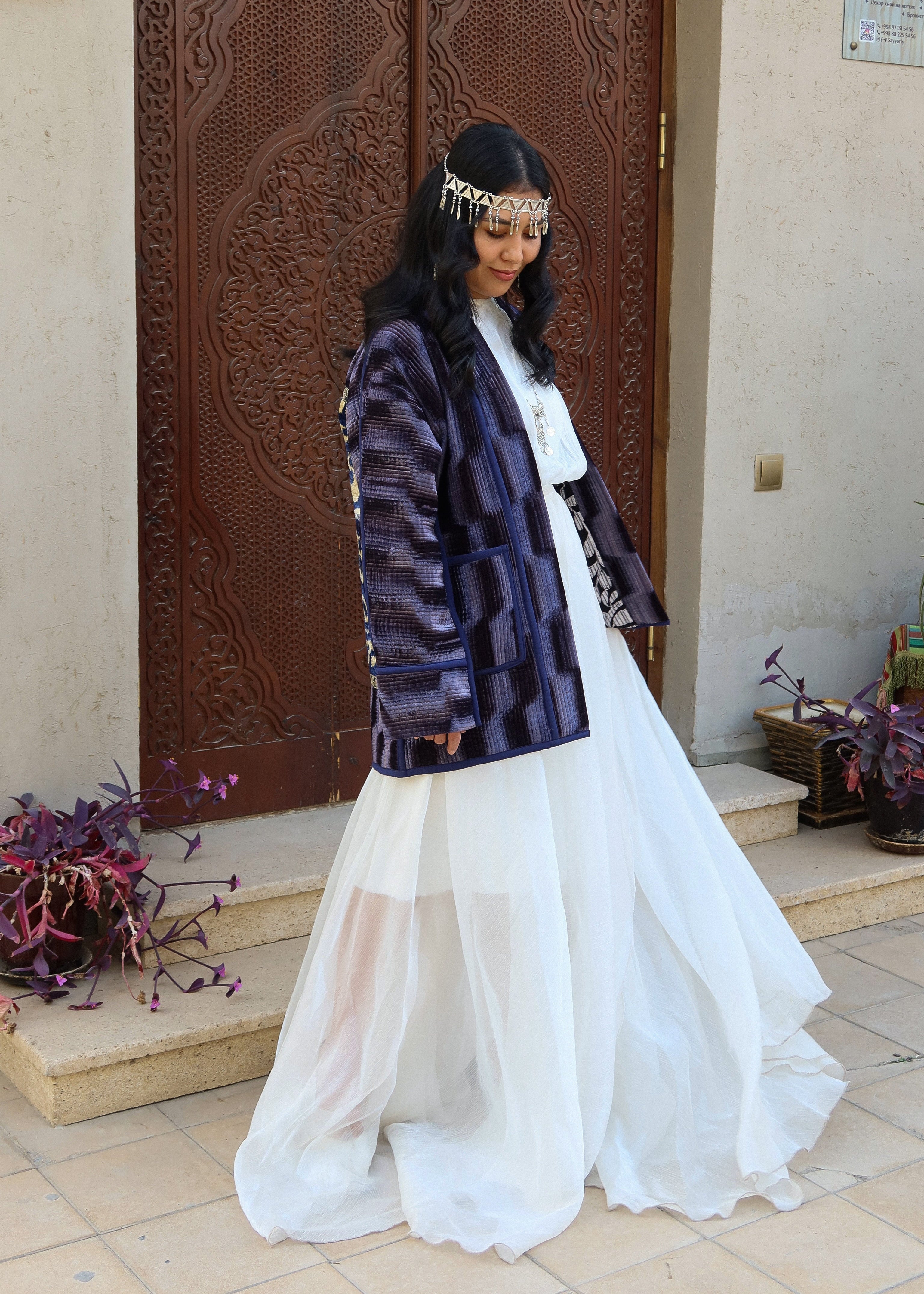 Silk Road Elegance: Emerald Indigo Jacket Ensemble