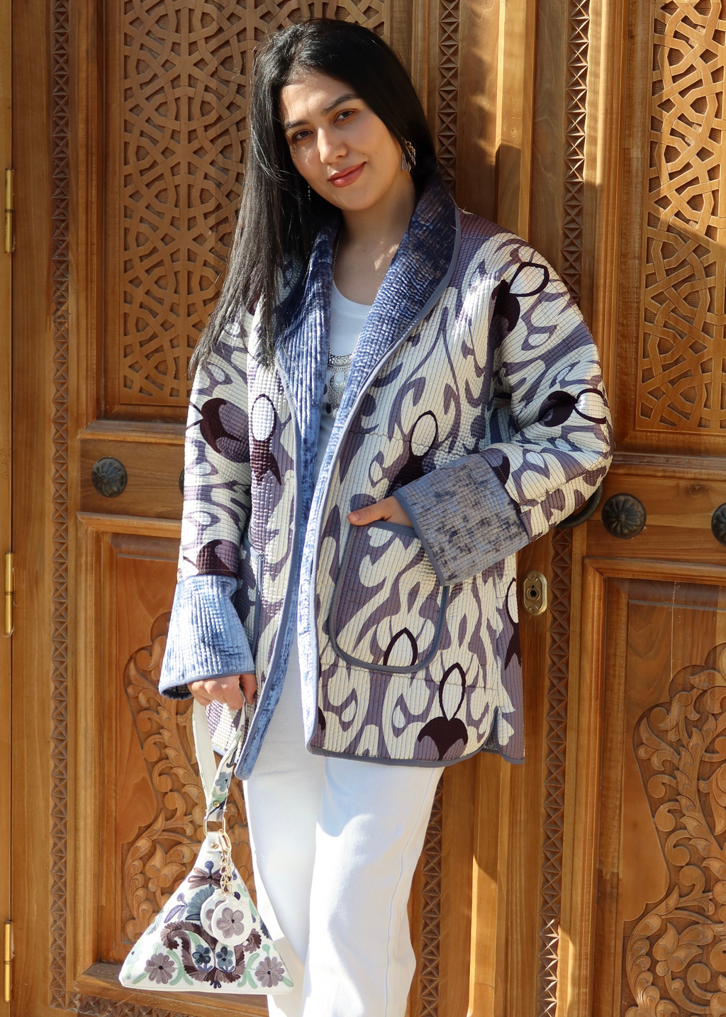 Reversible Two-Sided Jacket and Pyramid Clutch in Silk Road Style