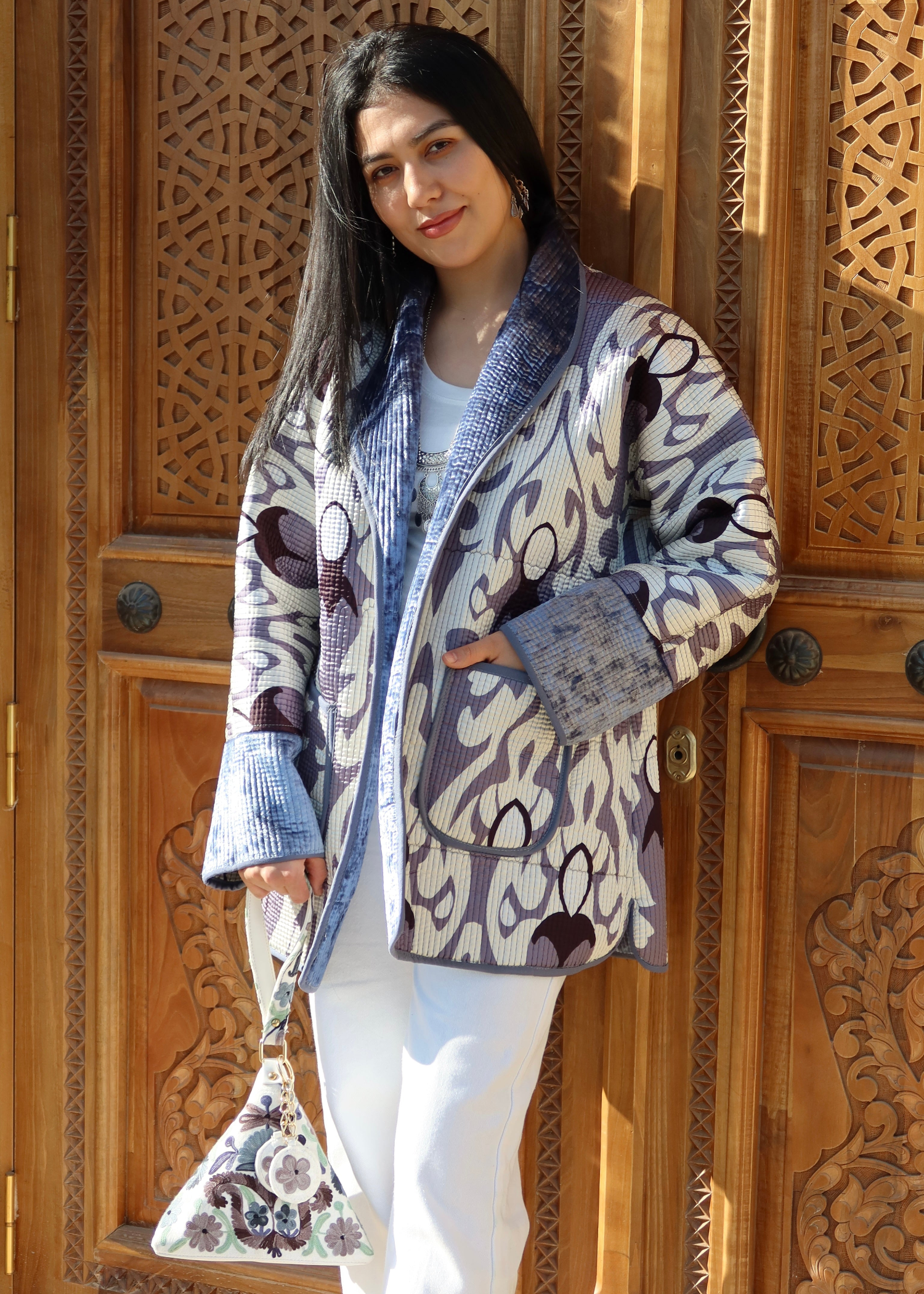 Reversible Two-Sided Jacket and Pyramid Clutch in Silk Road Style