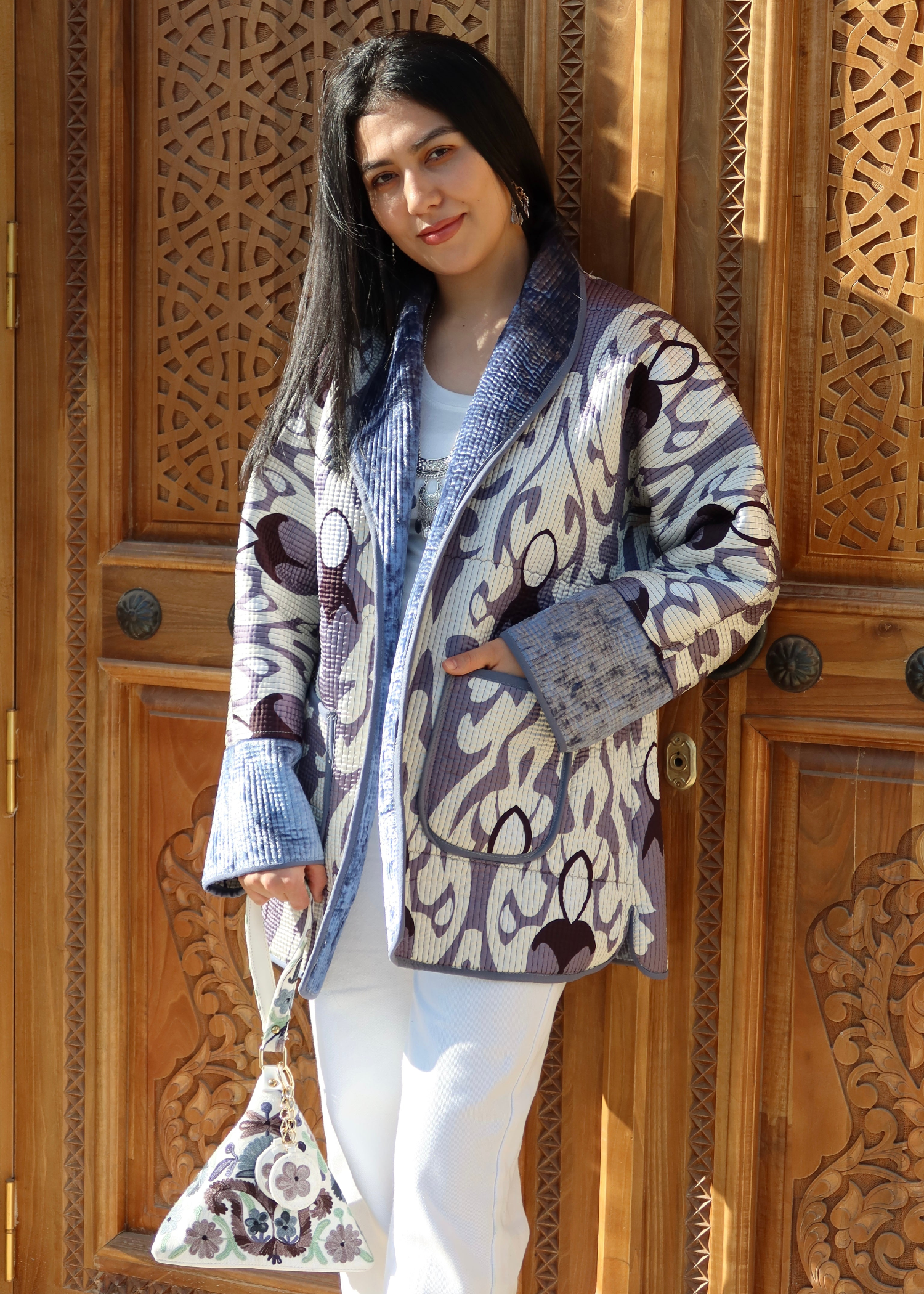 Reversible Two-Sided Jacket and Pyramid Clutch in Silk Road Style