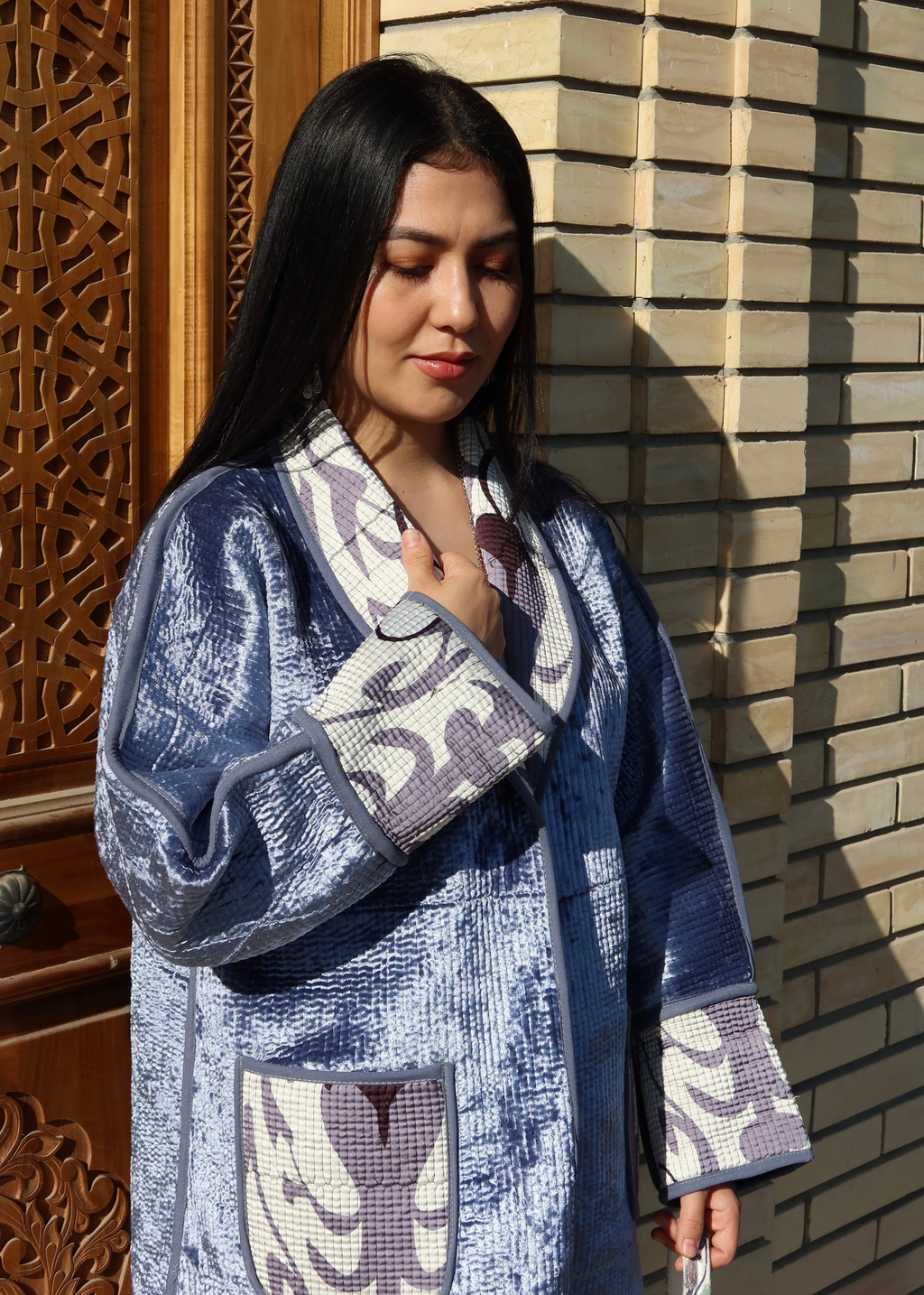 Reversible Two-Sided Jacket and Pyramid Clutch in Silk Road Style