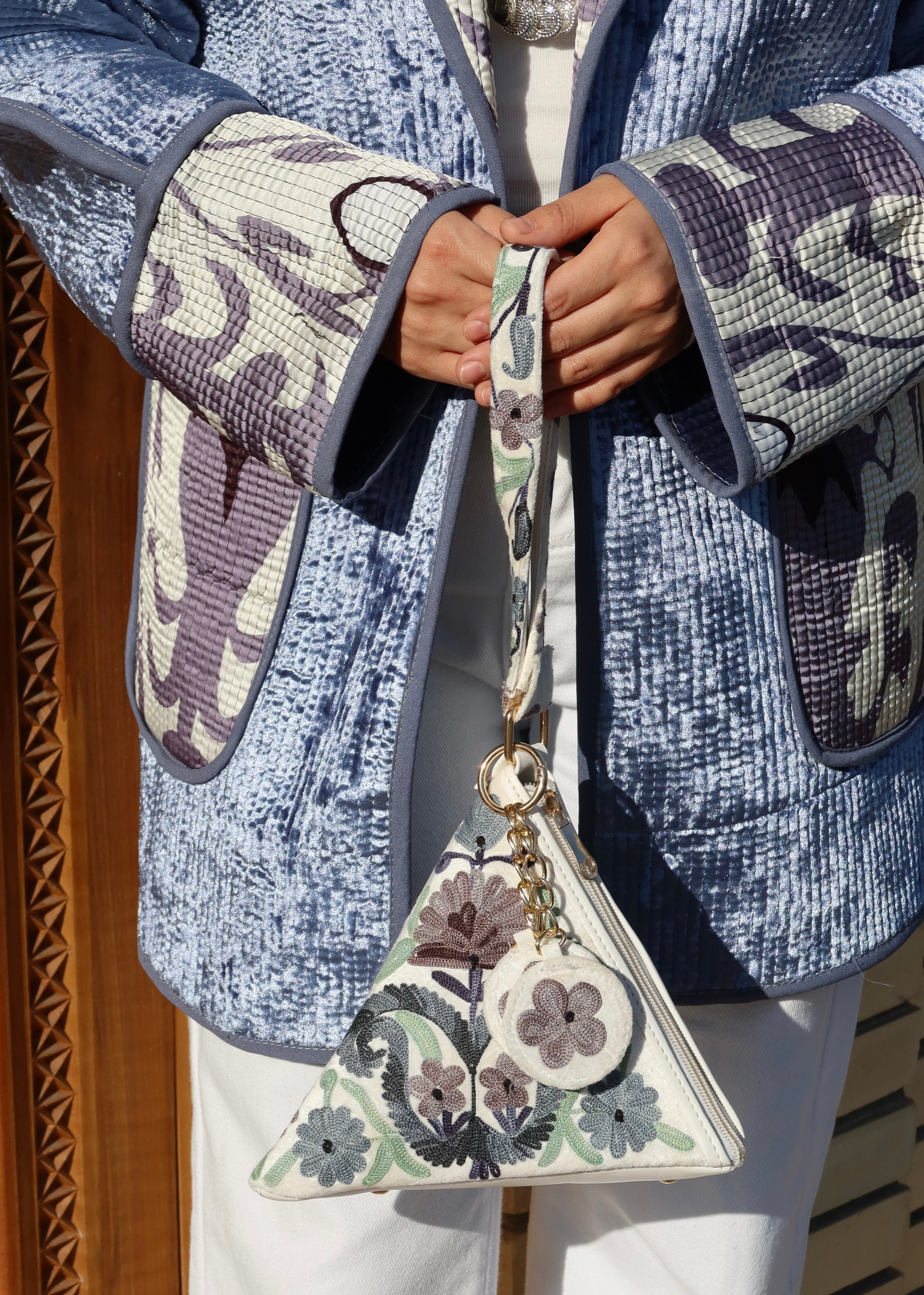 Reversible Two-Sided Jacket and Pyramid Clutch in Silk Road Style