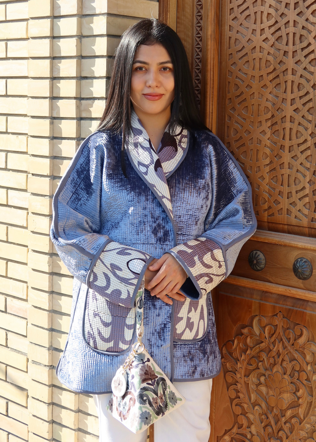 Reversible Two-Sided Jacket and Pyramid Clutch in Silk Road Style