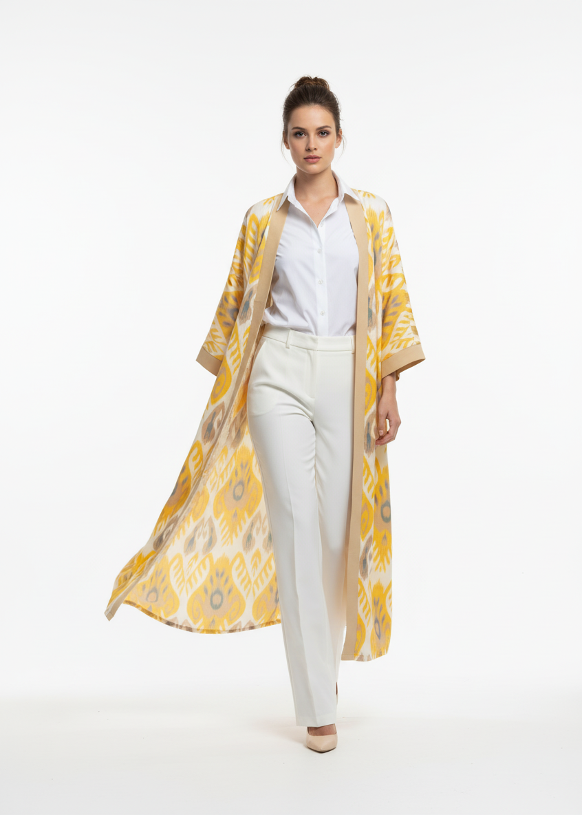 Timeless Ikat: Yellow Chapan - Outdoor Robe - Kimano
